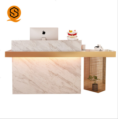 Luxury Office Front Counter Marble Gold Metal Beauty Salon Solid Surface Reception Desk