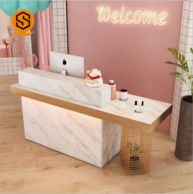 Luxury Office Front Counter Marble Gold Metal Beauty Salon Solid Surface Reception Desk