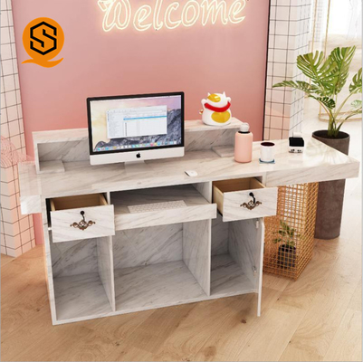 Luxury Office Front Counter Marble Gold Metal Beauty Salon Solid Surface Reception Desk