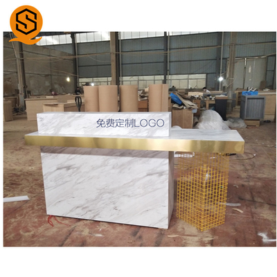 Luxury Office Front Counter Marble Gold Metal Beauty Salon Solid Surface Reception Desk
