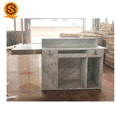 Luxury Office Front Counter Marble Gold Metal Beauty Salon Solid Surface Reception Desk