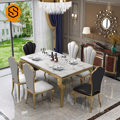 Solid Surface Marble Top Dining Table Set 6 Seater Rectangle Shaped