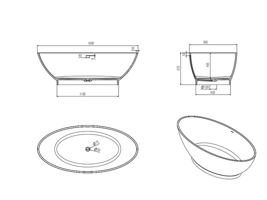Solid Surface Artificial Stone Bathtub Oval Freestanding Soaking Tub