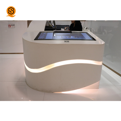 Led Light Shopping Mall 2 Person White Solid Surface Reception Desk With Monitor
