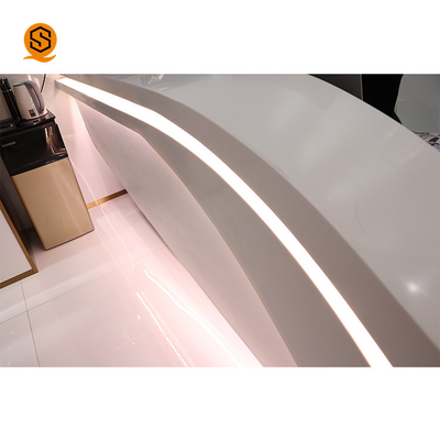 Led Light Shopping Mall 2 Person White Solid Surface Reception Desk With Monitor