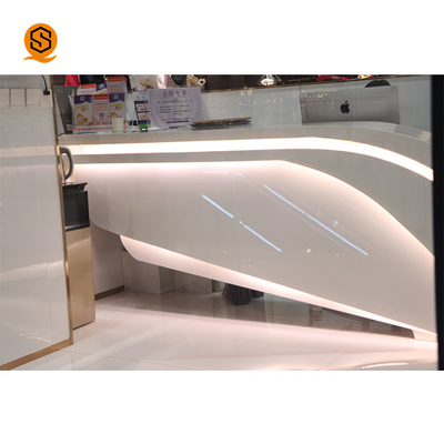 Led Light Shopping Mall 2 Person White Solid Surface Reception Desk With Monitor