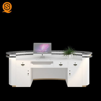 240cm Length Salon Reception Desk White Marble Grain Gold Hairlines Fireproof