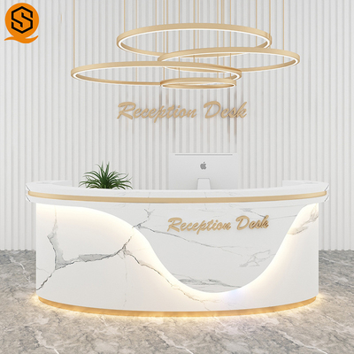 240cm Length Salon Reception Desk White Marble Grain Gold Hairlines Fireproof