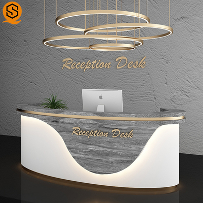 240cm Length Salon Reception Desk White Marble Grain Gold Hairlines Fireproof