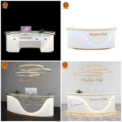 240cm Length Salon Reception Desk White Marble Grain Gold Hairlines Fireproof